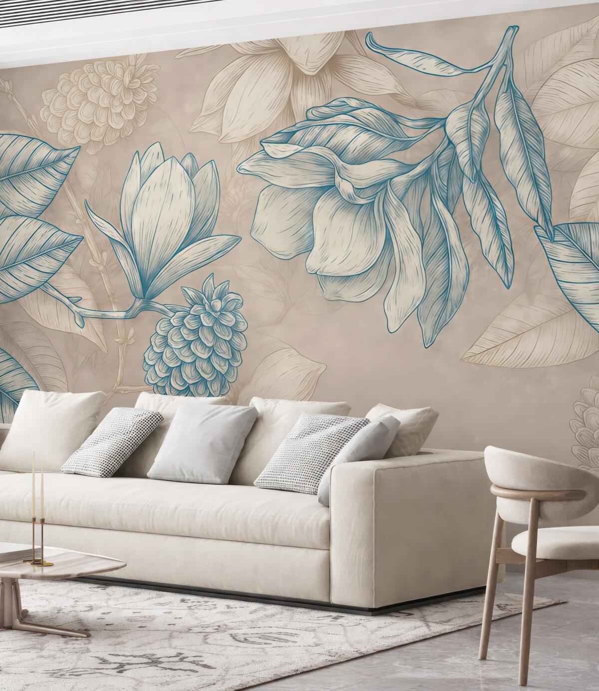 Fototapeta Wzór kwiatowy z dużymi kwiatami, liście na jasnym beżowym tle.