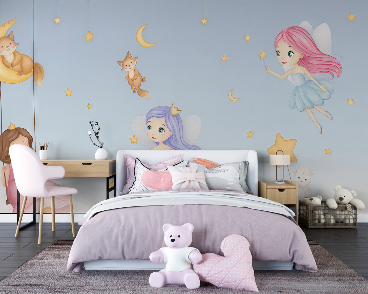 Fototapeta Wróżki oraz urokliwe zwierzęta na błękitnym tle.