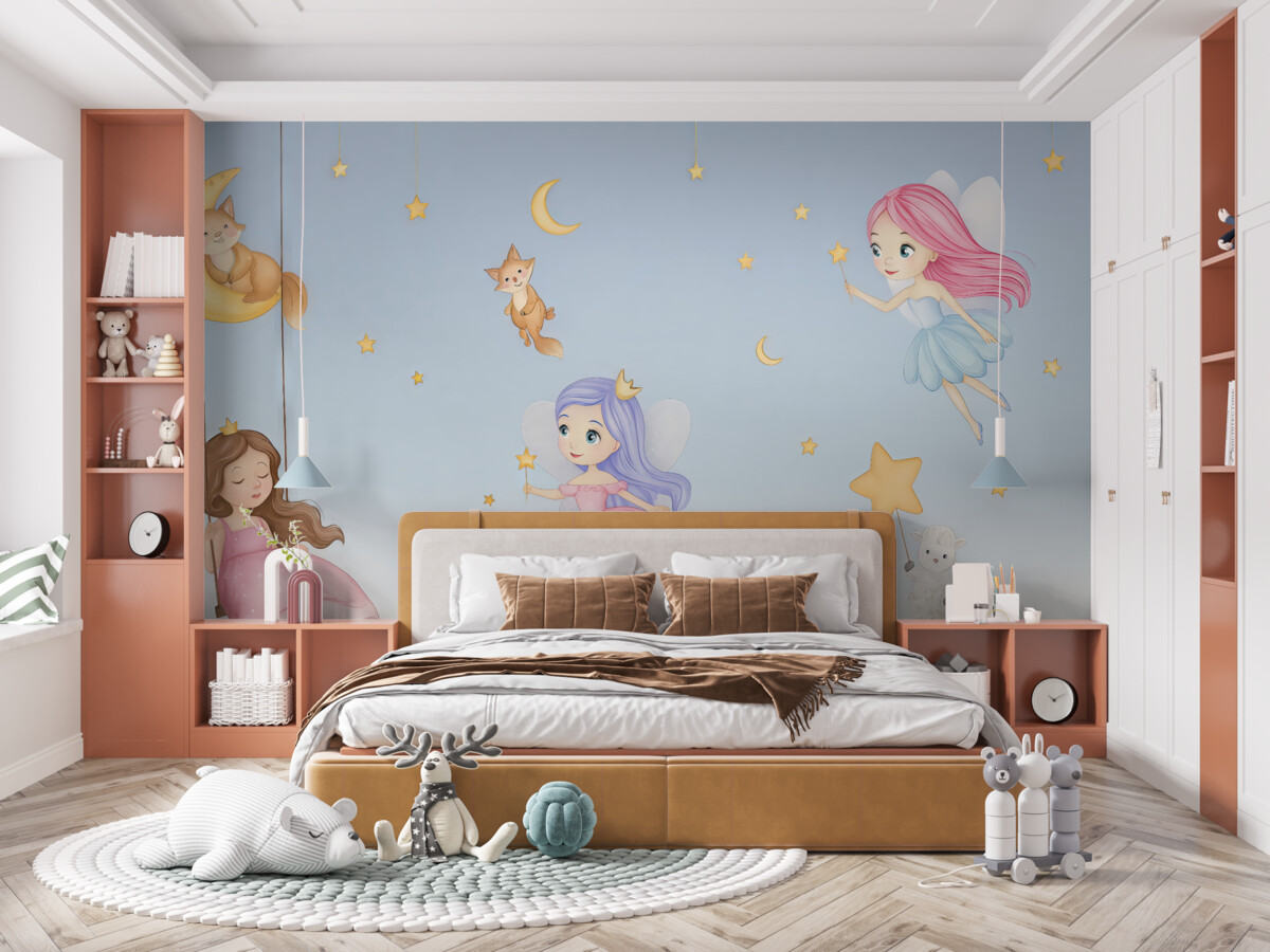 Fototapeta Wróżki oraz urokliwe zwierzęta na błękitnym tle.