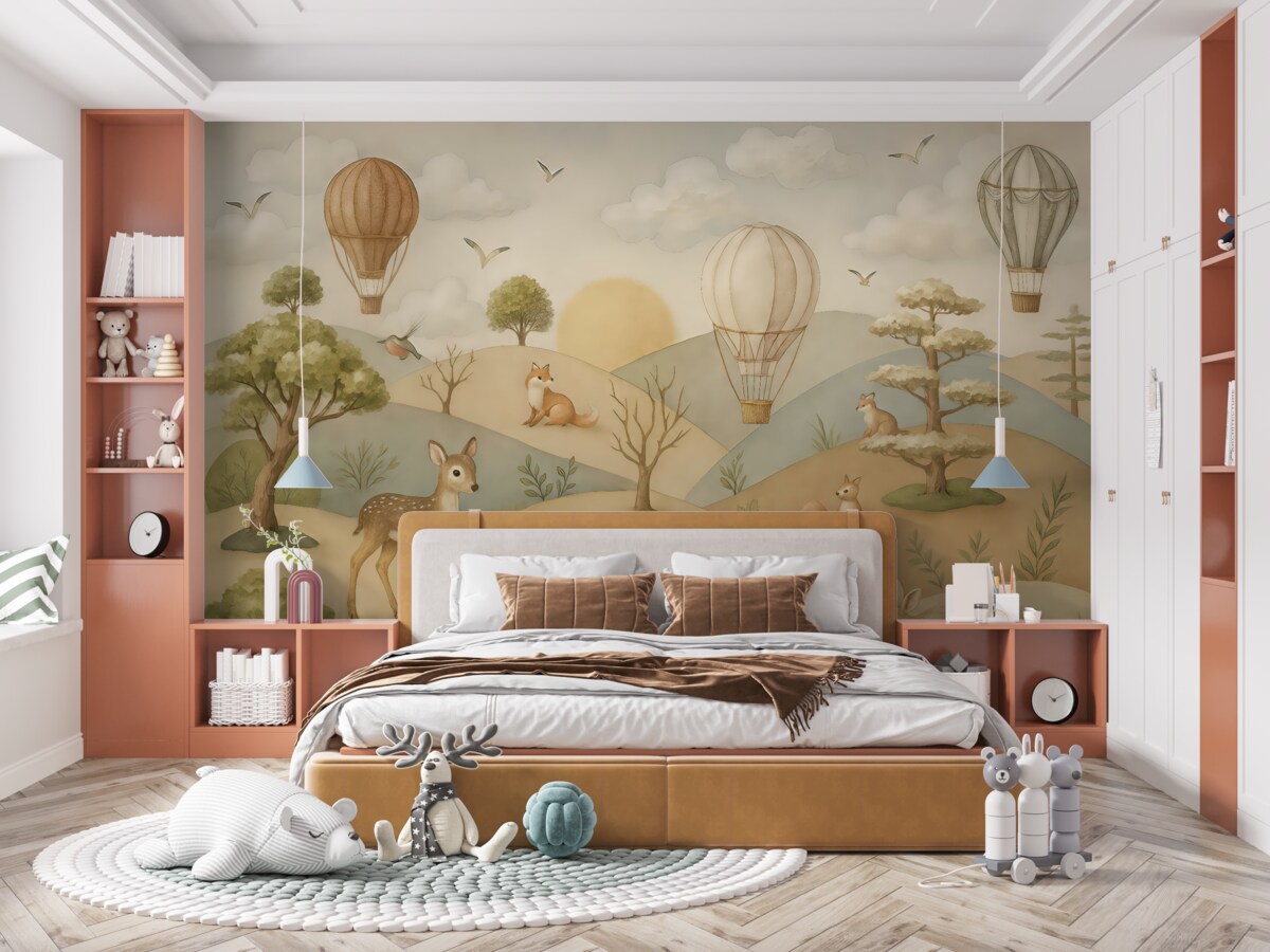 Fototapeta Leśna łąka z urokliwymi zwierzętami i balonami.