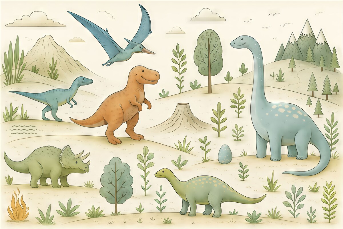 Fototapeta Barwne dinozaury na pagórkach.