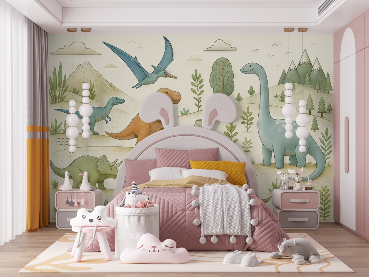 Fototapeta Barwne dinozaury na pagórkach.