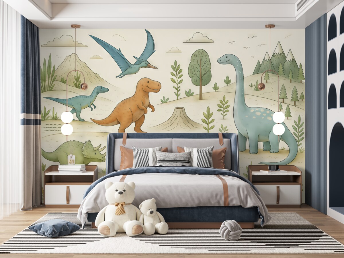 Fototapeta Barwne dinozaury na pagórkach.