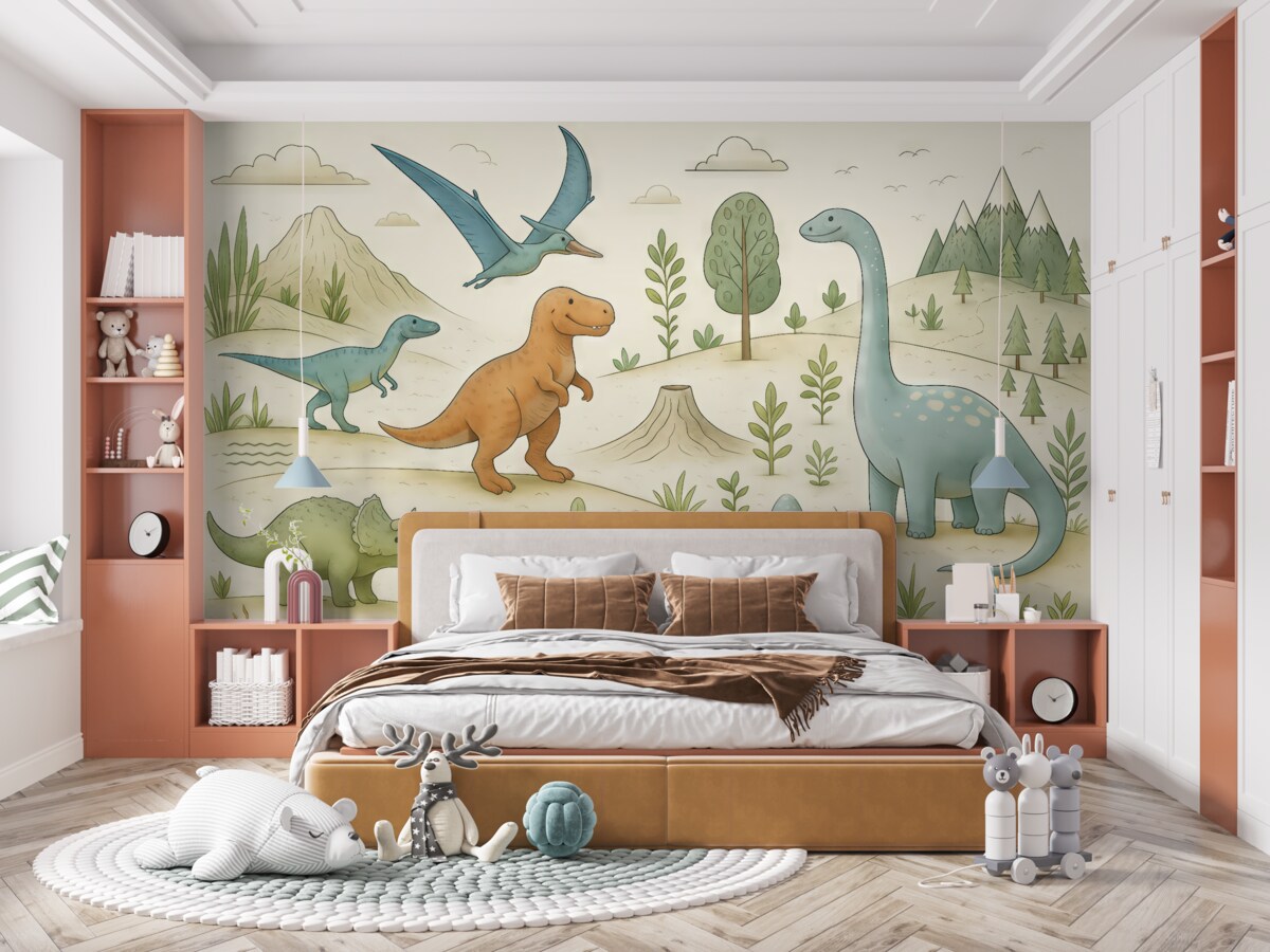 Fototapeta Barwne dinozaury na pagórkach.