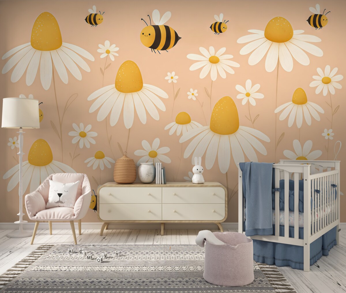 Fototapeta Stokrotki i pszczoły, łąka, kwiaty, rozkwitają, owady, różowe, żółte i białe.