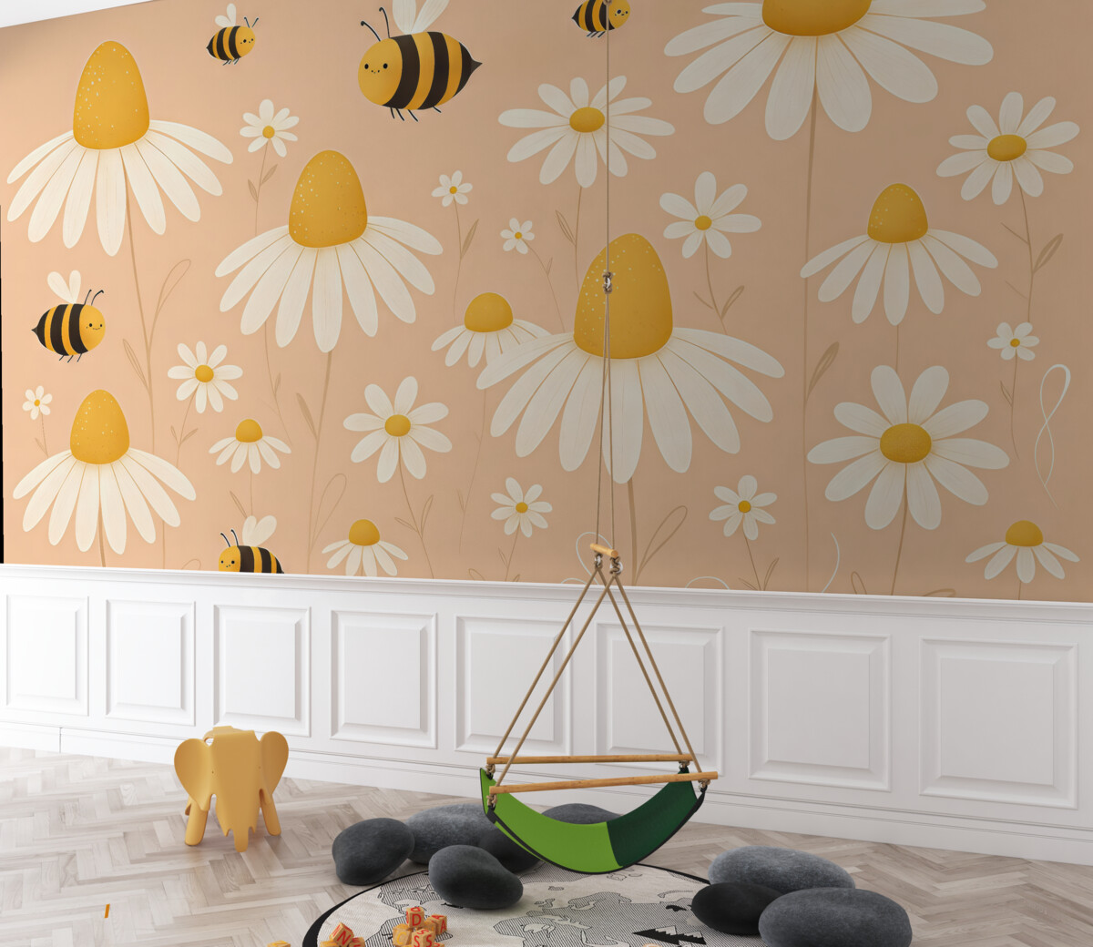 Fototapeta Stokrotki i pszczoły, łąka, kwiaty, rozkwitają, owady, różowe, żółte i białe.