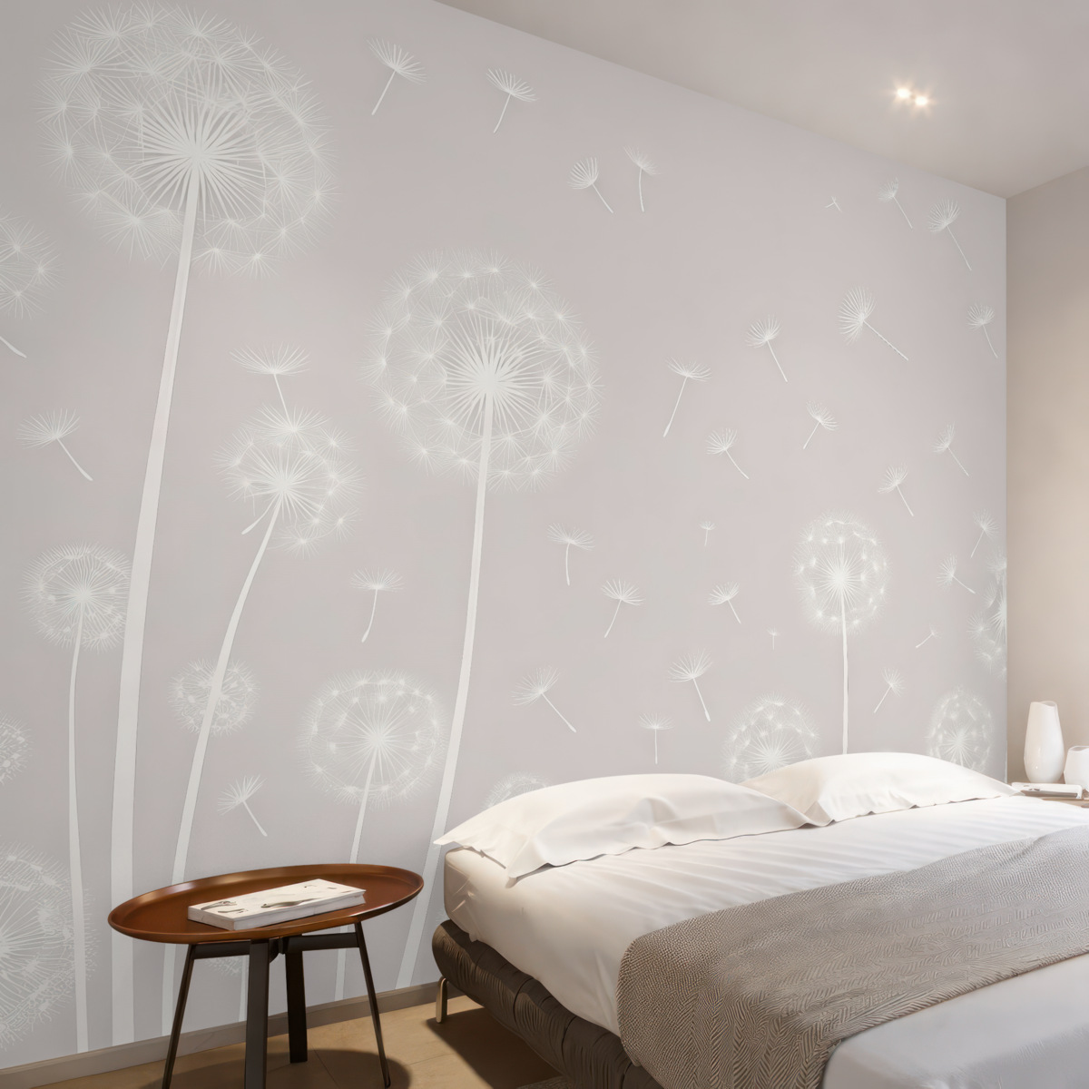 Fototapeta Łąka mleczy na jasnym, cętkowanym beżowym tle.