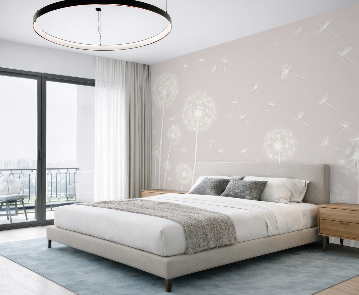 Fototapeta Łąka mleczy na jasnym, cętkowanym beżowym tle.