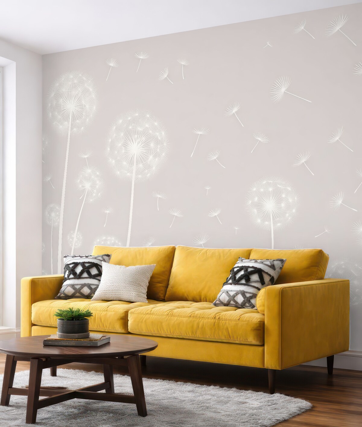 Fototapeta Łąka mleczy na jasnym, cętkowanym beżowym tle.