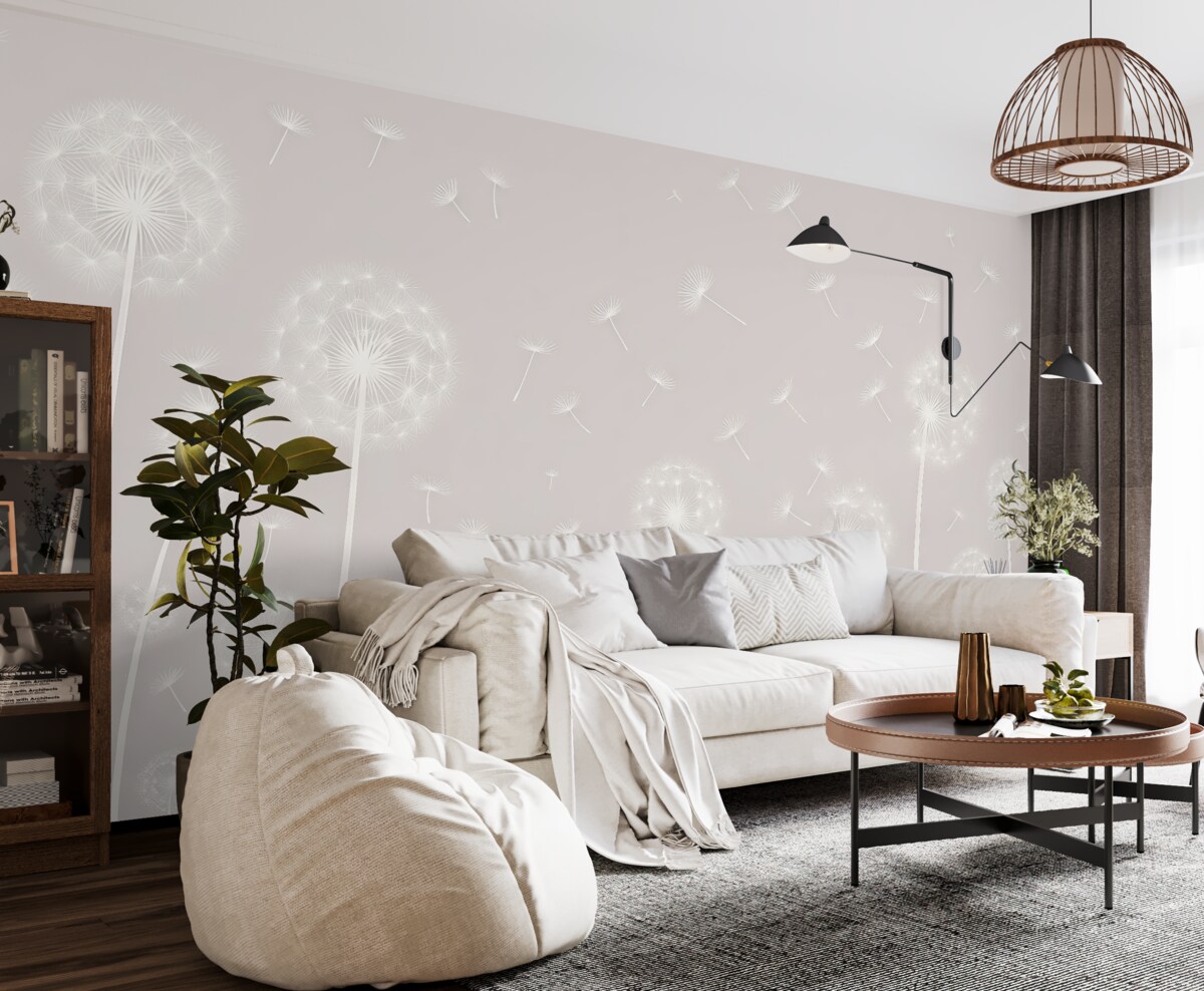 Fototapeta Łąka mleczy na jasnym, cętkowanym beżowym tle.