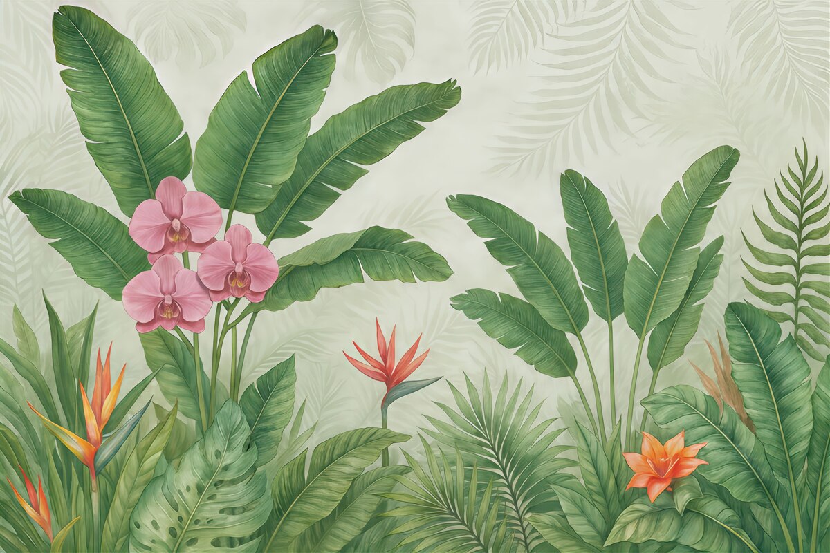 Fototapeta Tropikalny las z liśćmi i kwiatami.