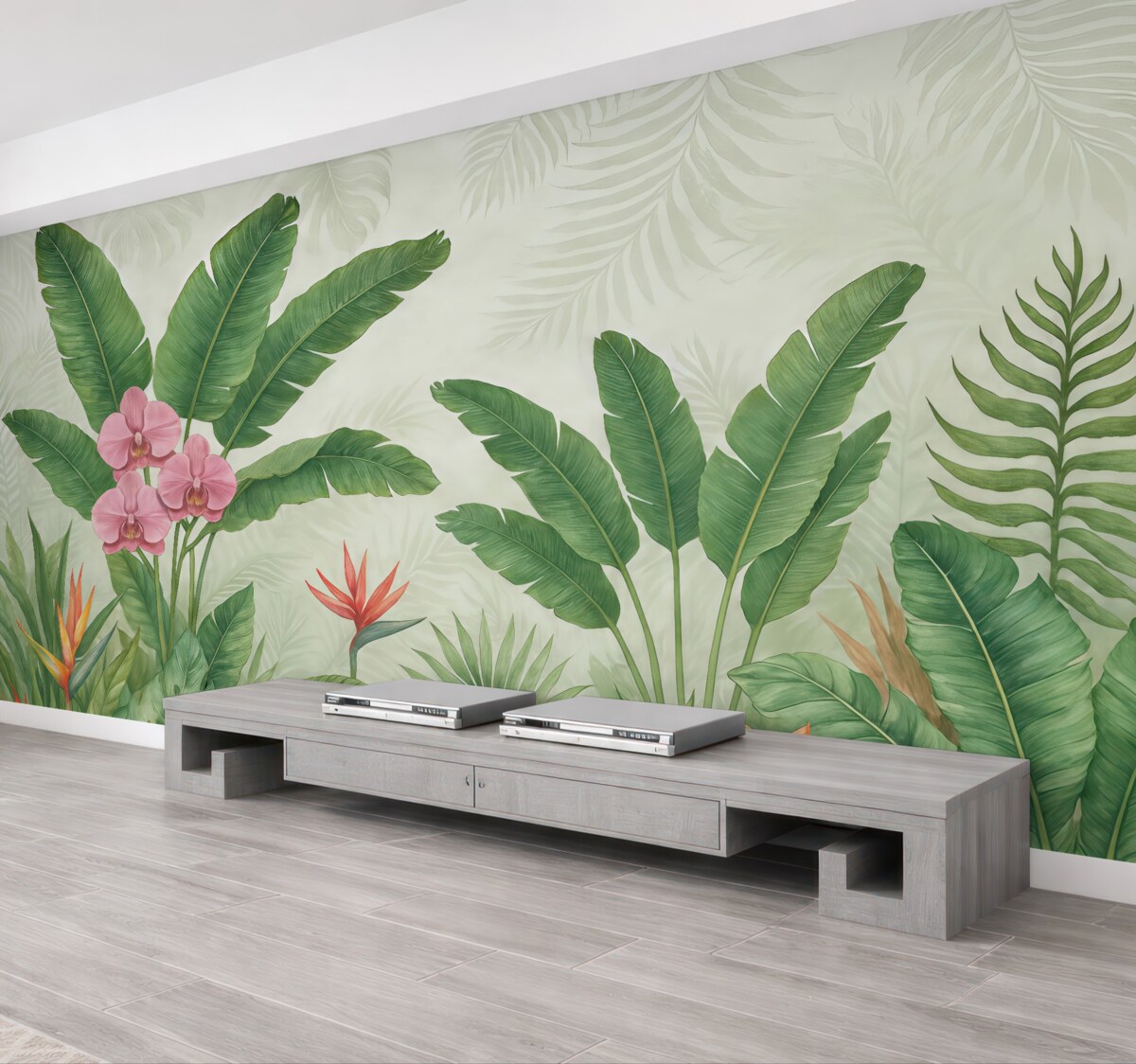 Fototapeta Tropikalny las z liśćmi i kwiatami.