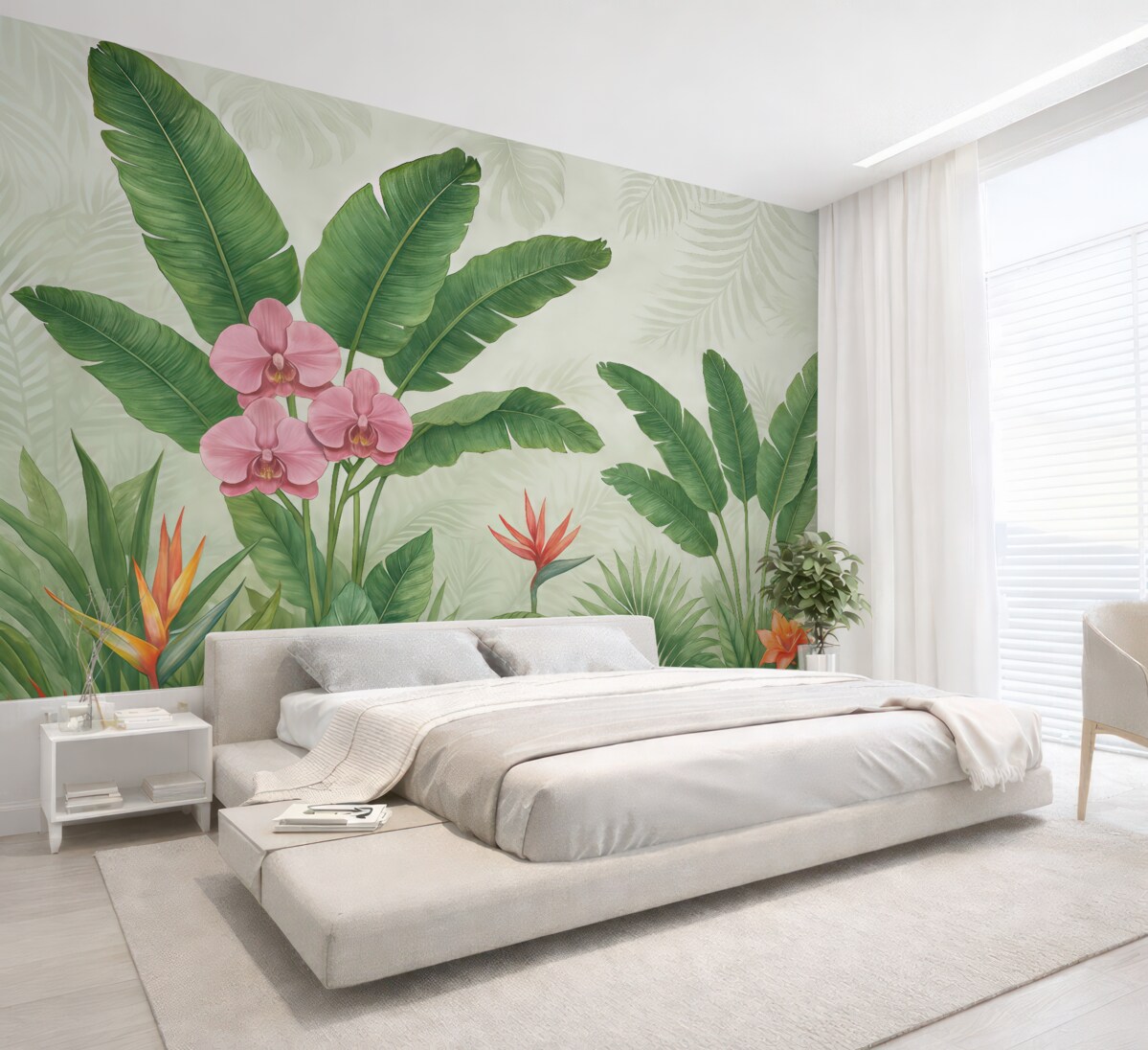 Fototapeta Tropikalny las z liśćmi i kwiatami.