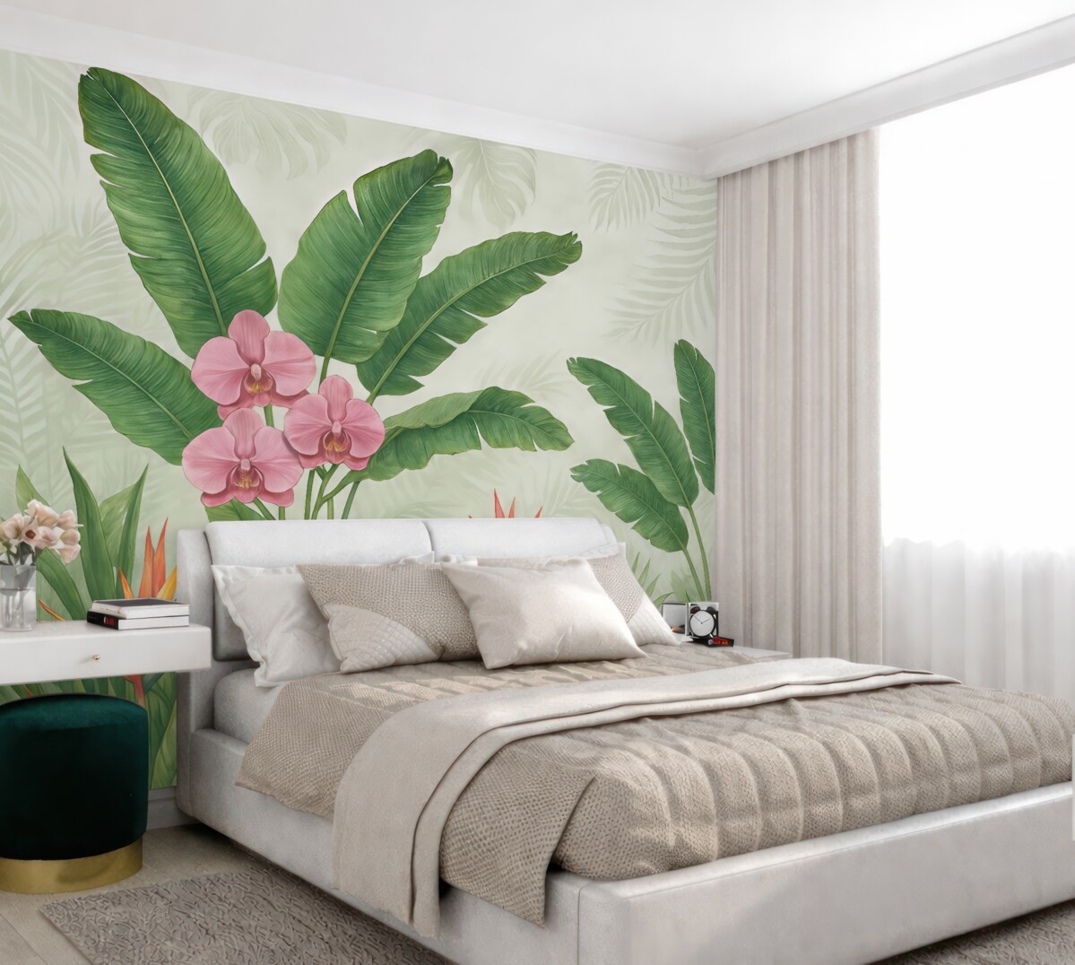 Fototapeta Tropikalny las z liśćmi i kwiatami.