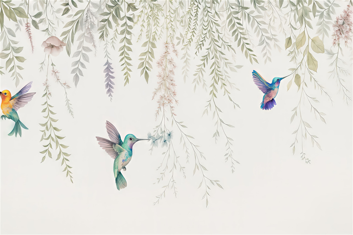 Fototapeta Kwitnące rośliny i liście oraz wspaniałe kolibry.