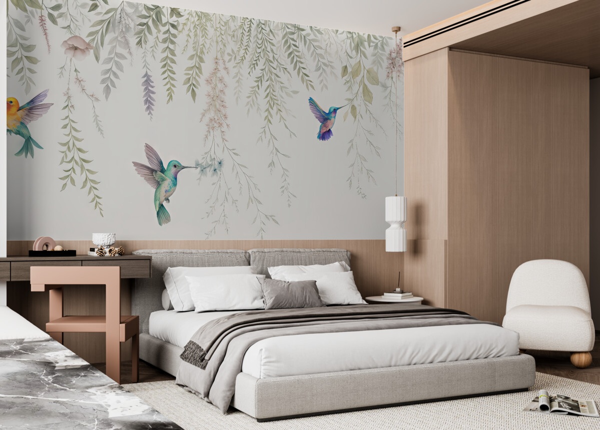 Fototapeta Kwitnące rośliny i liście oraz wspaniałe kolibry.