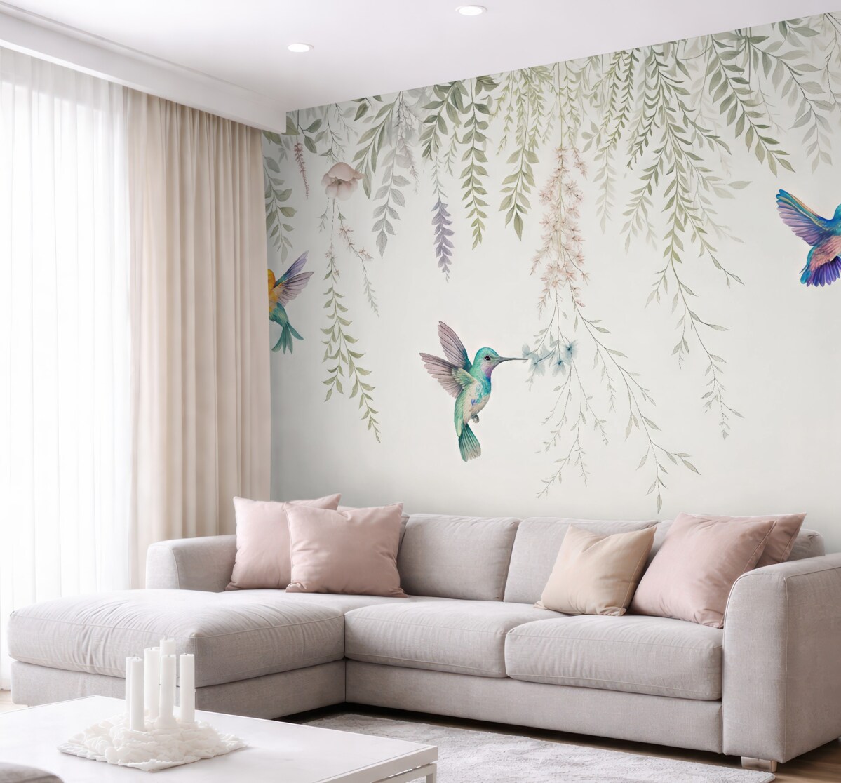 Fototapeta Kwitnące rośliny i liście oraz wspaniałe kolibry.