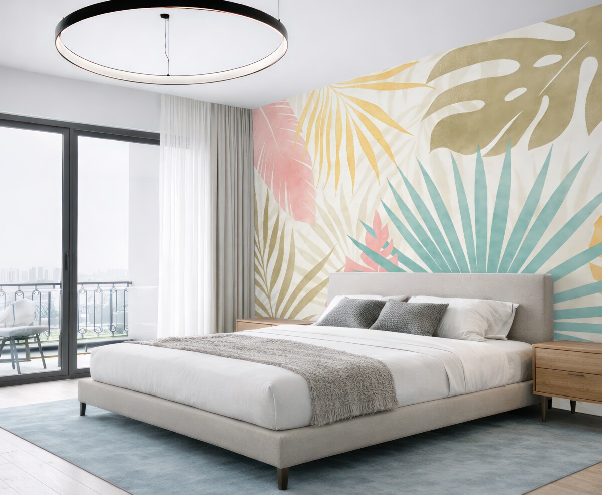 Fototapeta Liście palmowe, monstera, liście tropikalne, faktura zatartego niebieskiego, różowego, żółtego, szarego odcienia.