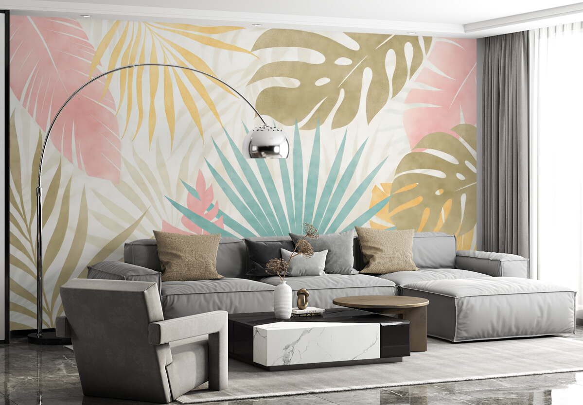 Fototapeta Liście palmowe, monstera, liście tropikalne, faktura zatartego niebieskiego, różowego, żółtego, szarego odcienia.