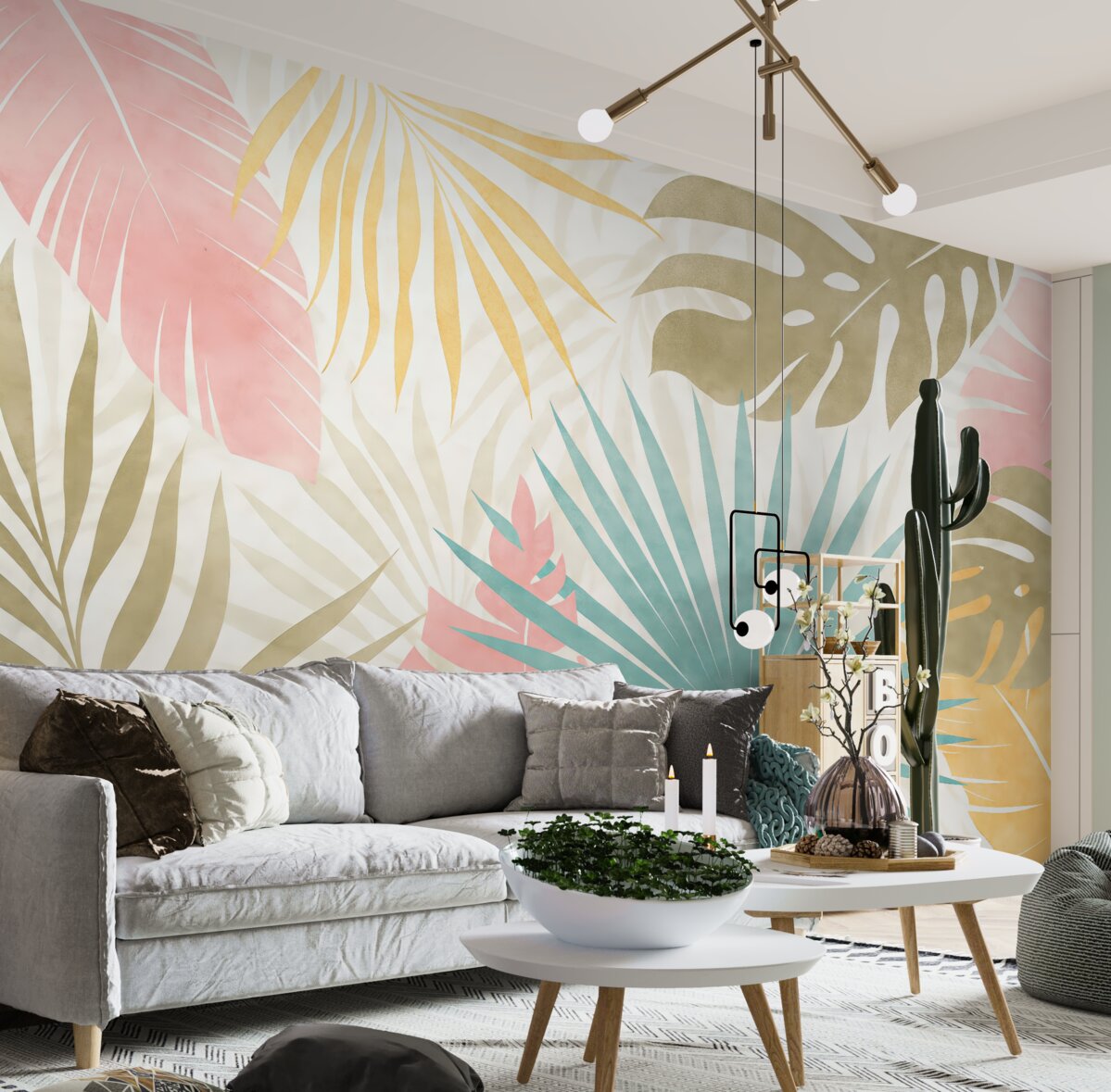 Fototapeta Liście palmowe, monstera, liście tropikalne, faktura zatartego niebieskiego, różowego, żółtego, szarego odcienia.