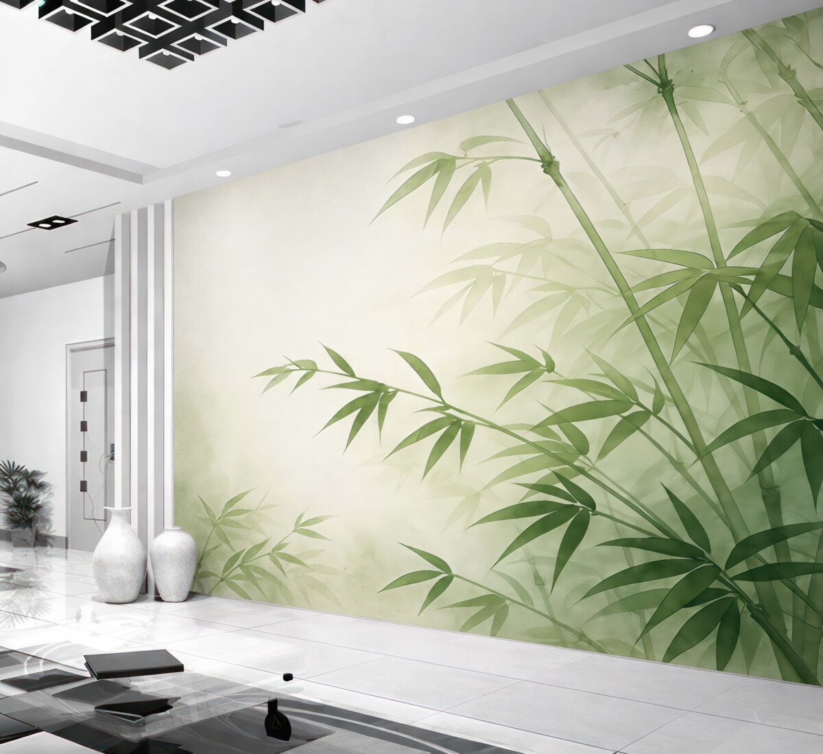 Fototapeta Gałęzie z zielonymi liśćmi w akwareli.