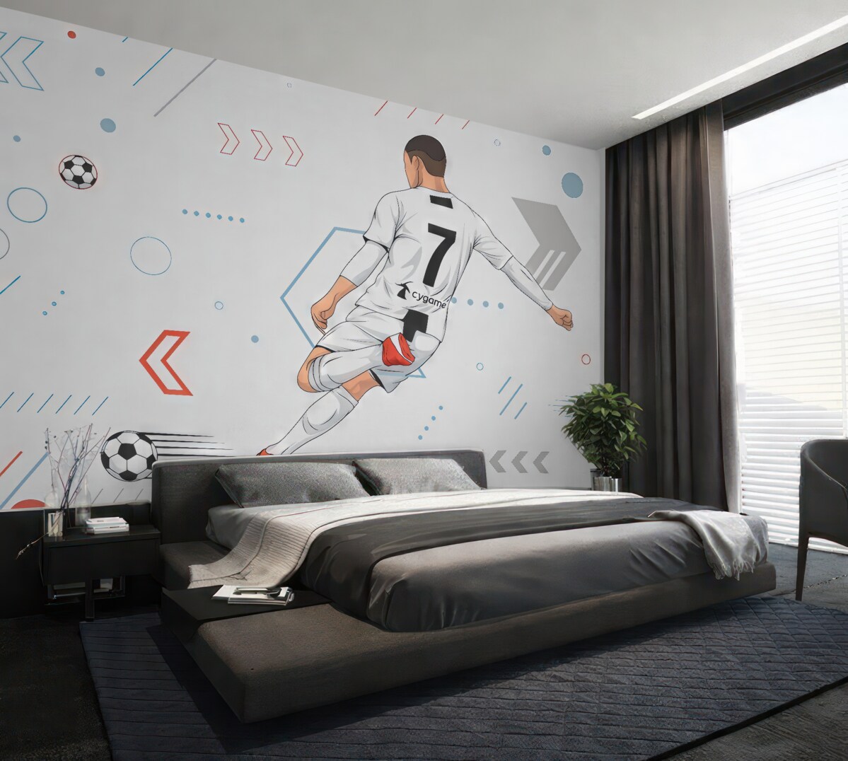 Fototapeta Tapeta z zawodnikiem i gadżetami piłkarskimi.