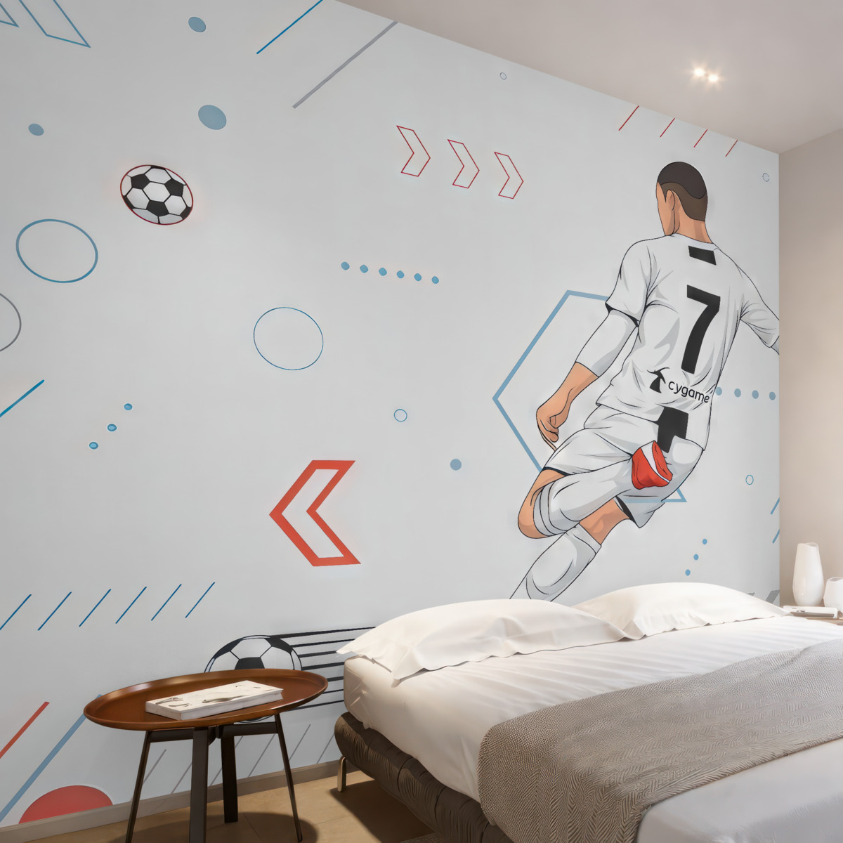 Fototapeta Tapeta z zawodnikiem i gadżetami piłkarskimi.