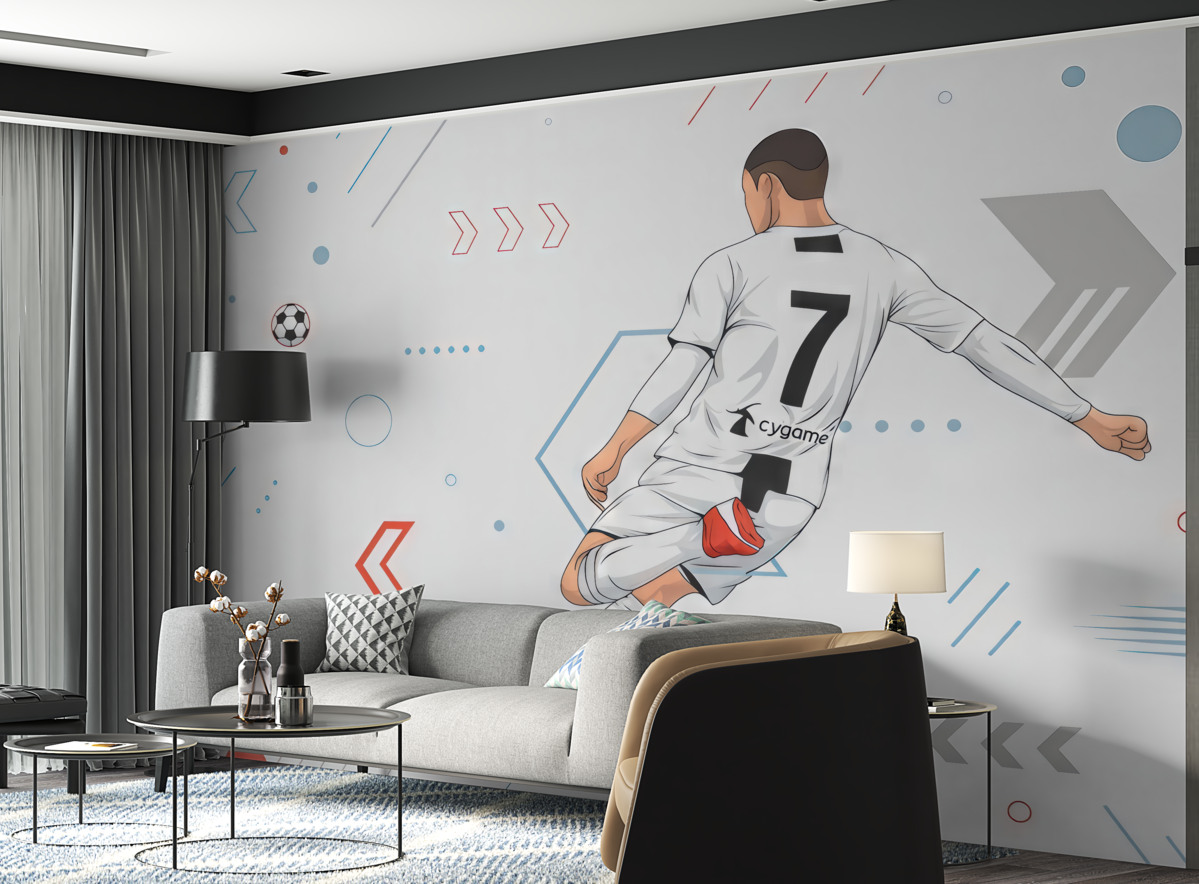 Fototapeta Tapeta z zawodnikiem i gadżetami piłkarskimi.