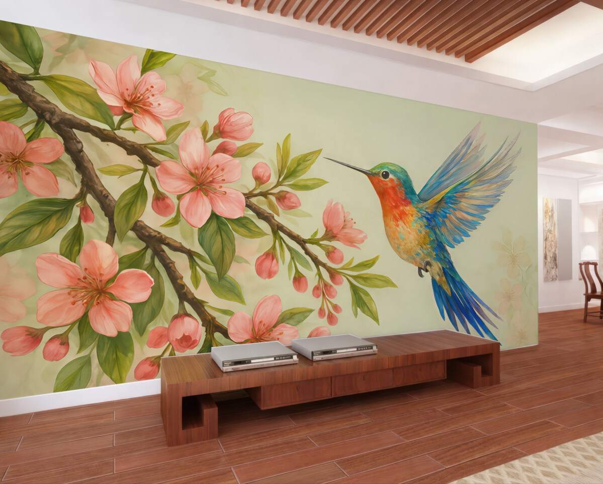 Fototapeta gałąź z różowymi kwiatami i jasnym ptaszkiem