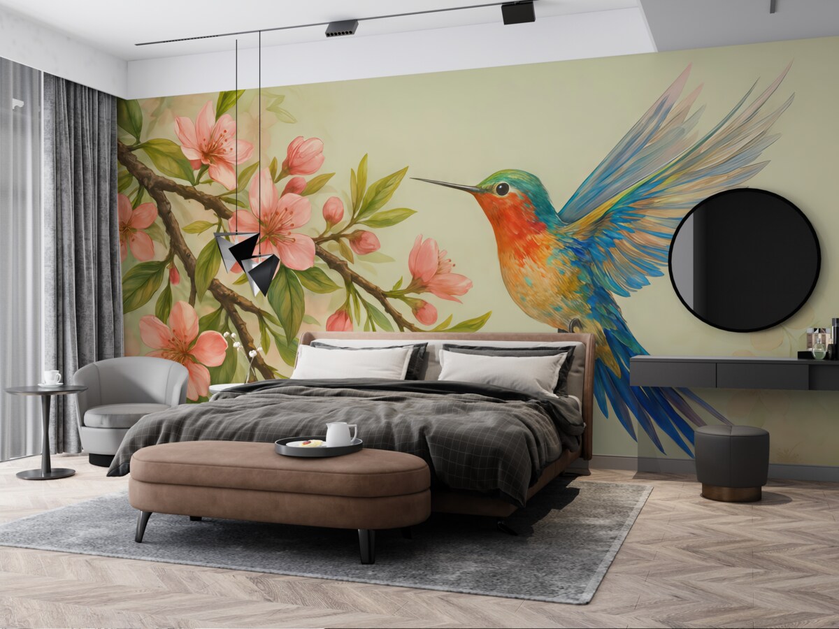 Fototapeta gałąź z różowymi kwiatami i jasnym ptaszkiem