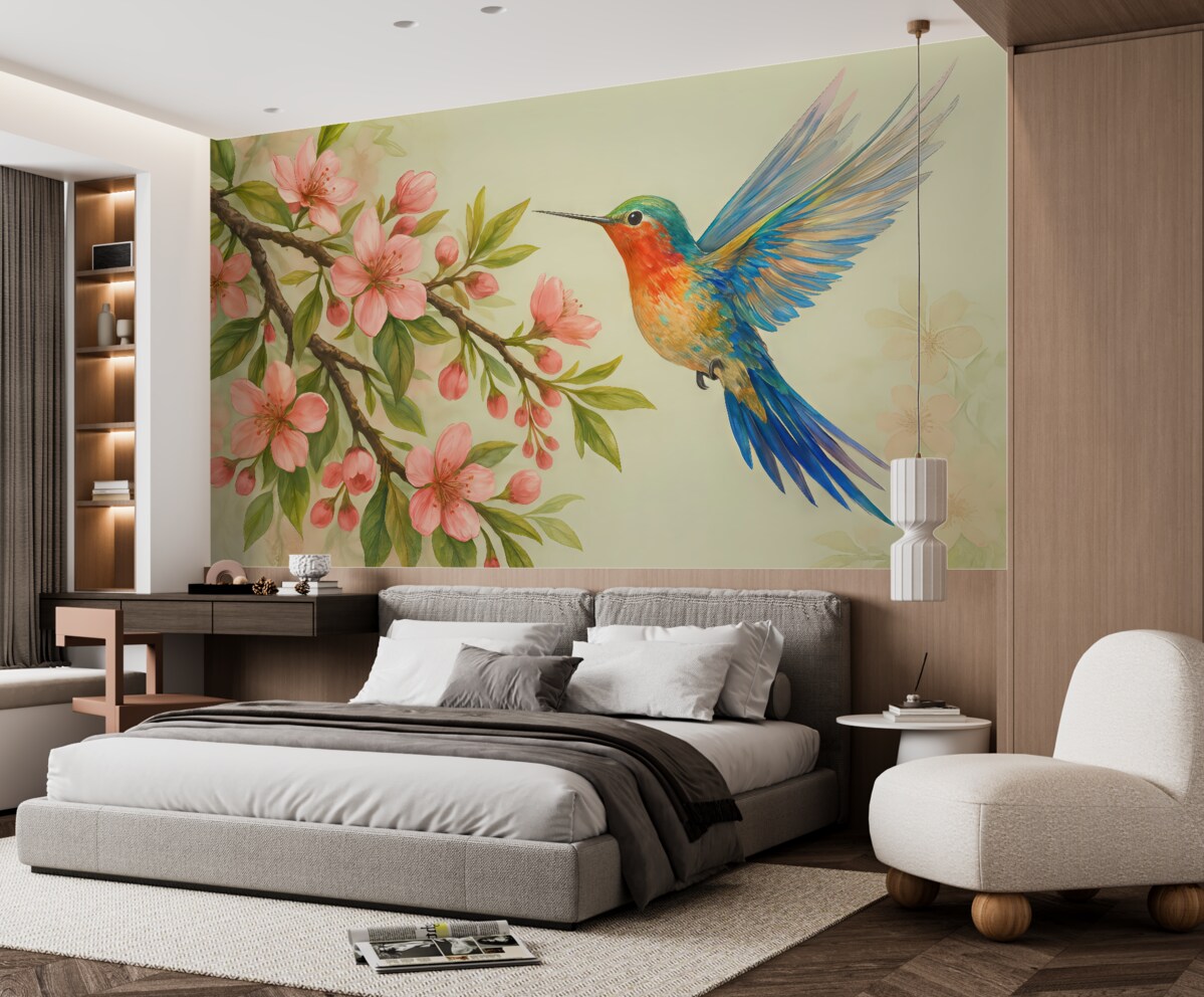 Fototapeta gałąź z różowymi kwiatami i jasnym ptaszkiem