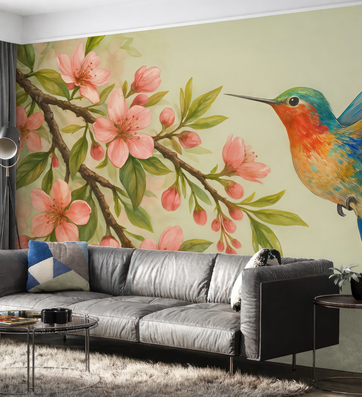 Fototapeta gałąź z różowymi kwiatami i jasnym ptaszkiem