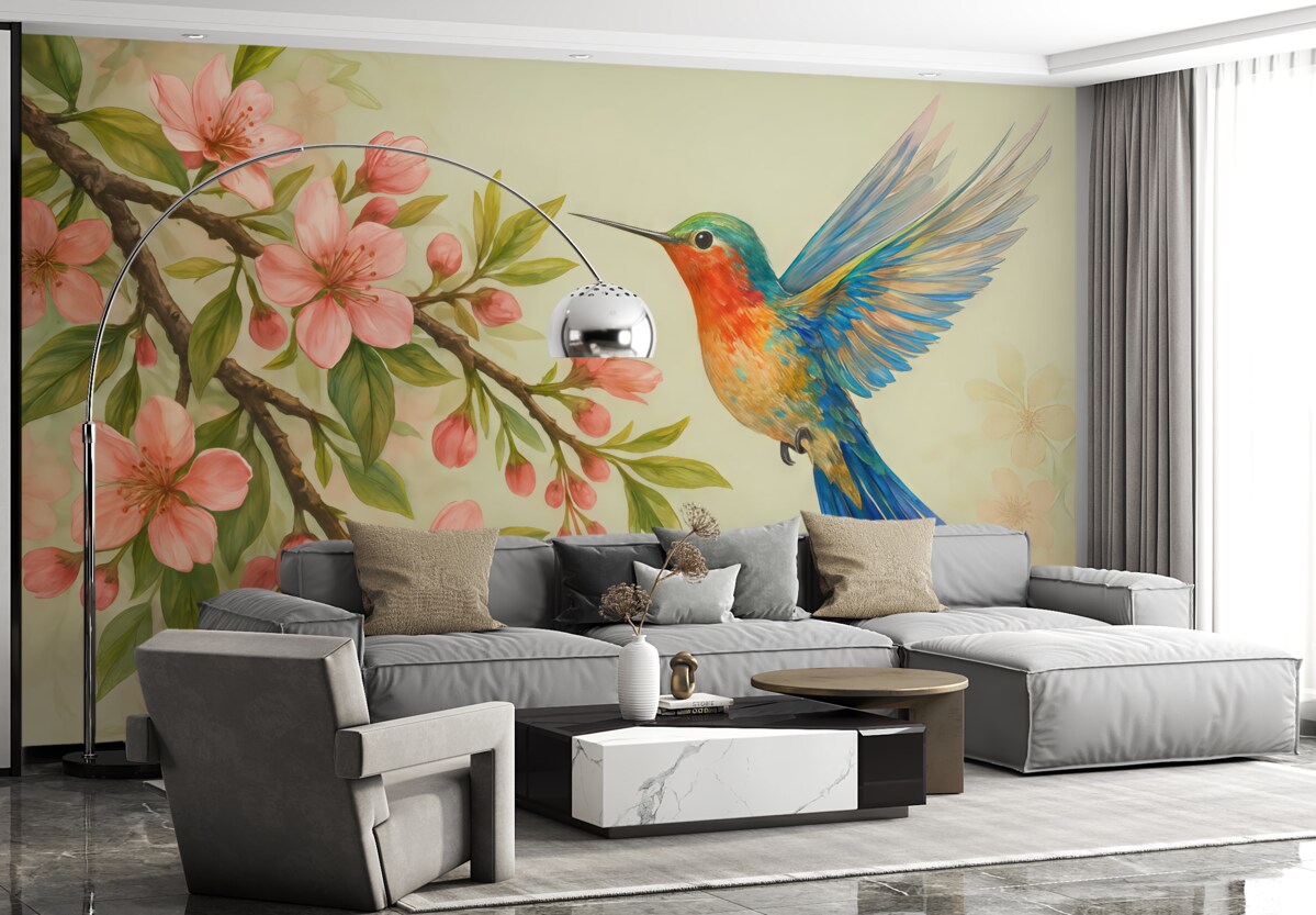 Fototapeta gałąź z różowymi kwiatami i jasnym ptaszkiem