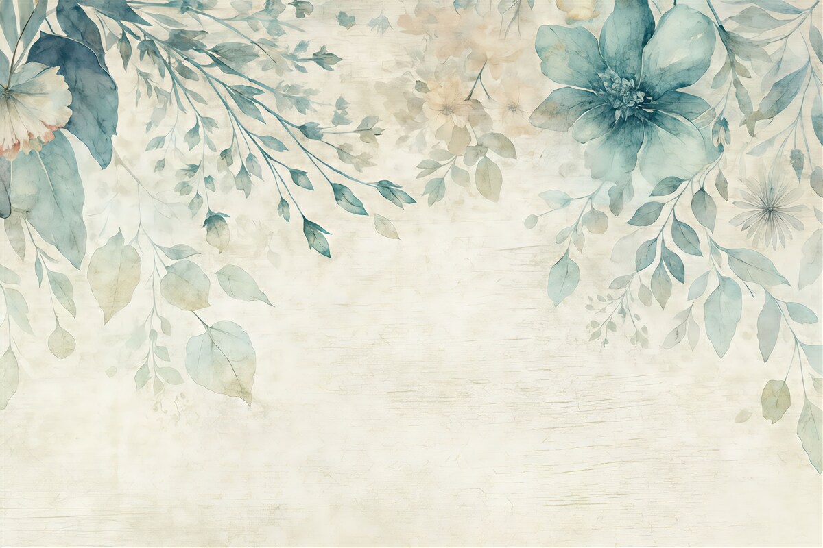 Fototapeta Wielkie niebiesko-białe kwiaty, liście i gałązki na tle fakturowanej ściany.