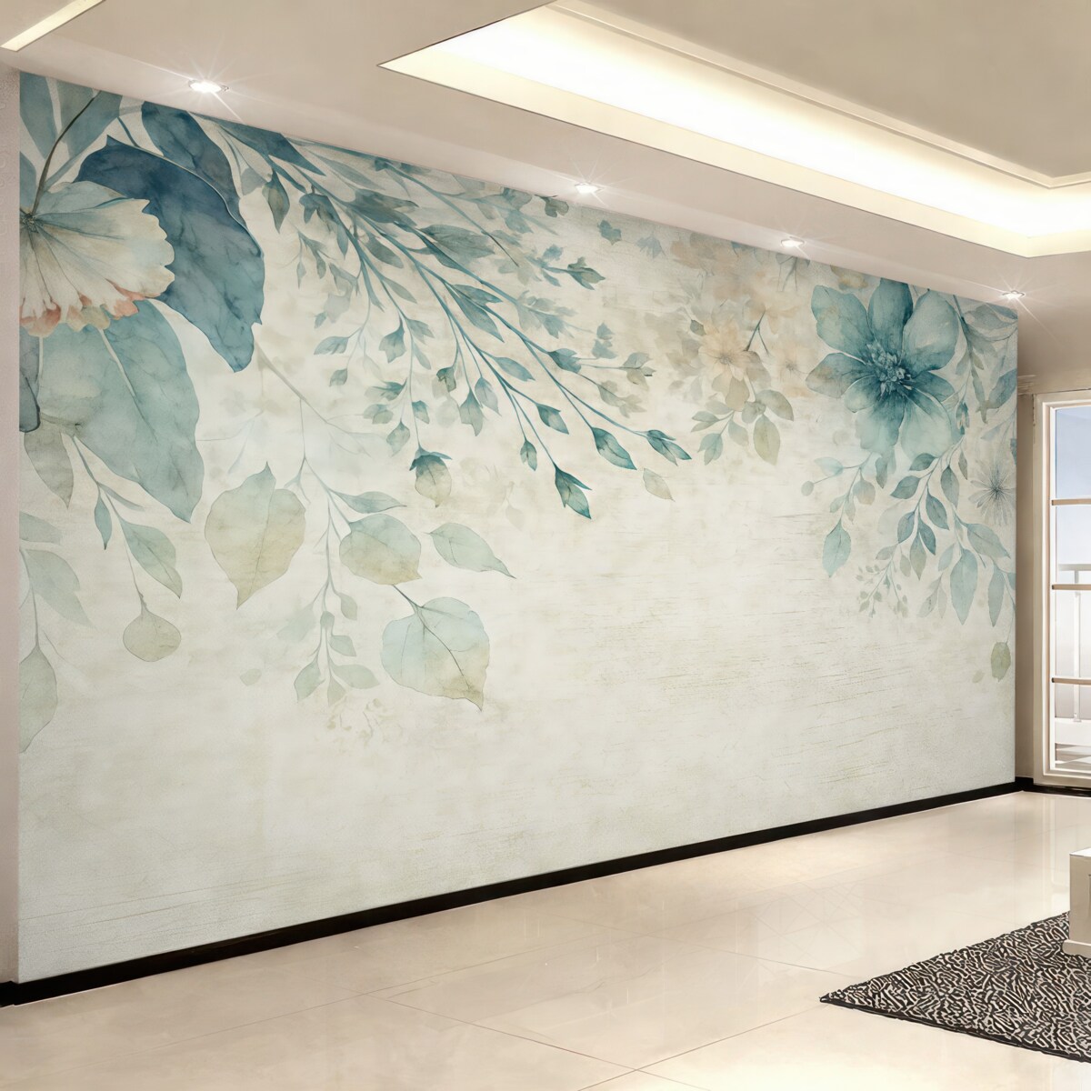 Fototapeta Wielkie niebiesko-białe kwiaty, liście i gałązki na tle fakturowanej ściany.