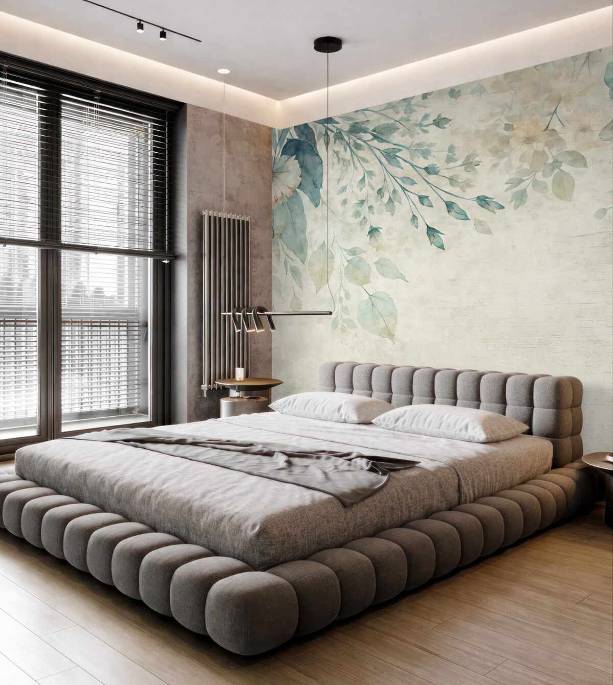 Fototapeta Wielkie niebiesko-białe kwiaty, liście i gałązki na tle fakturowanej ściany.