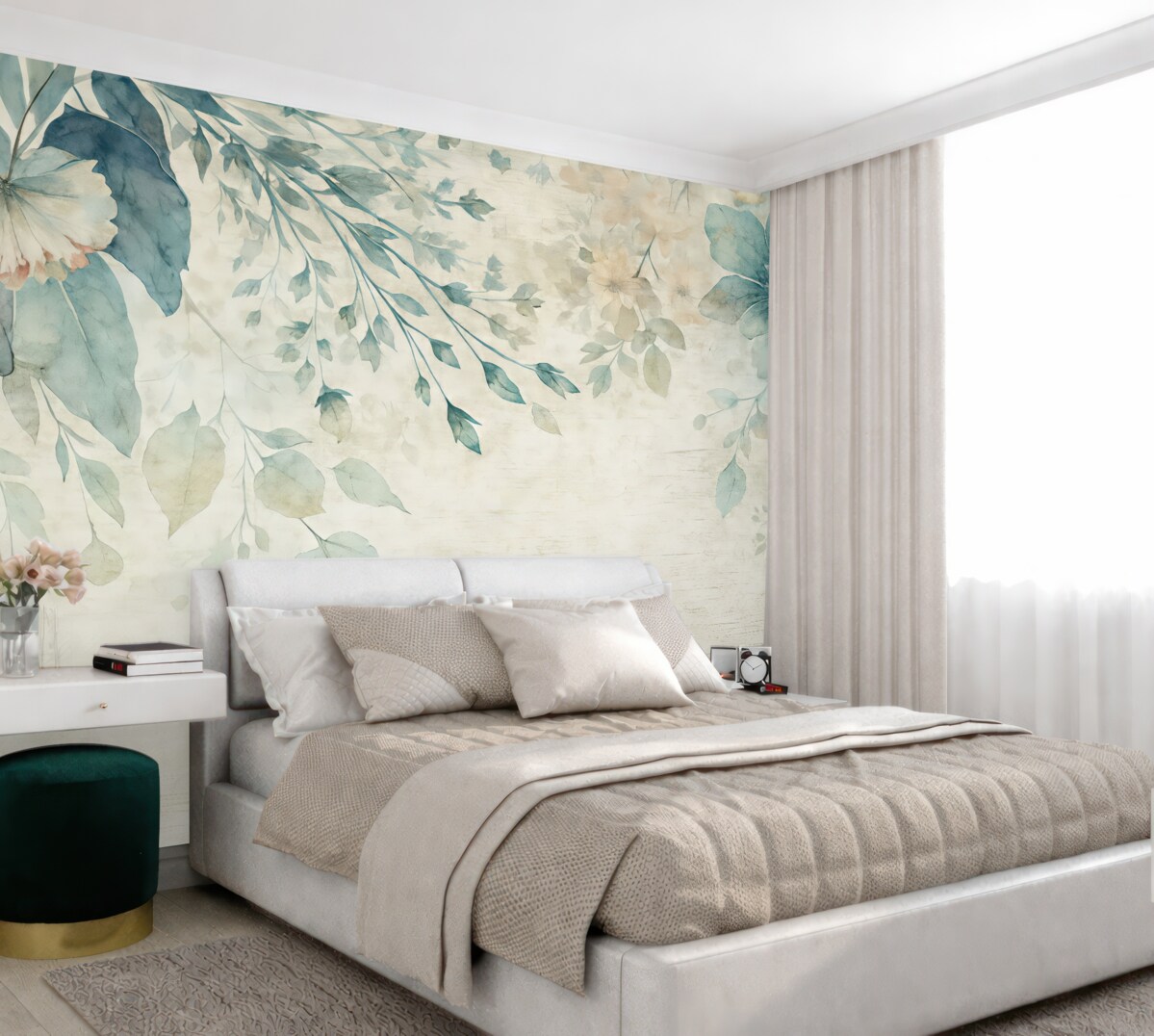 Fototapeta Wielkie niebiesko-białe kwiaty, liście i gałązki na tle fakturowanej ściany.