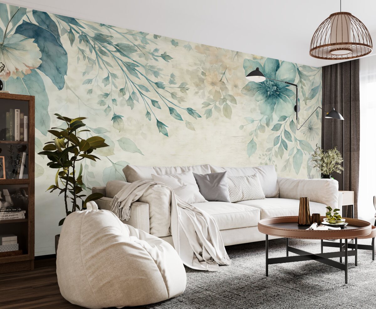 Fototapeta Wielkie niebiesko-białe kwiaty, liście i gałązki na tle fakturowanej ściany.