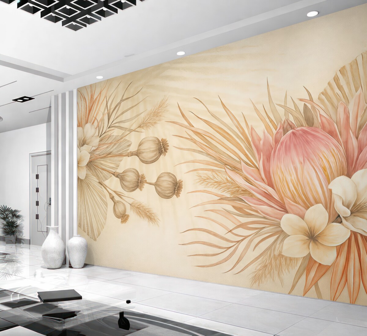 Fototapeta Subtelne różowe i białe tropikalne kwiaty z liśćmi palmowymi na gładkim beżowym tle.