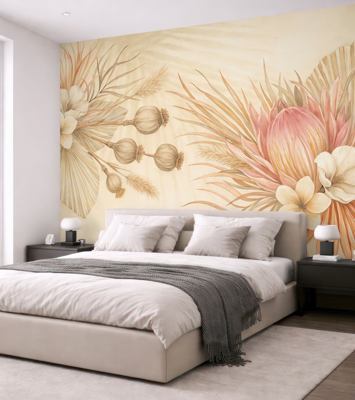 Fototapeta Subtelne różowe i białe tropikalne kwiaty z liśćmi palmowymi na gładkim beżowym tle.