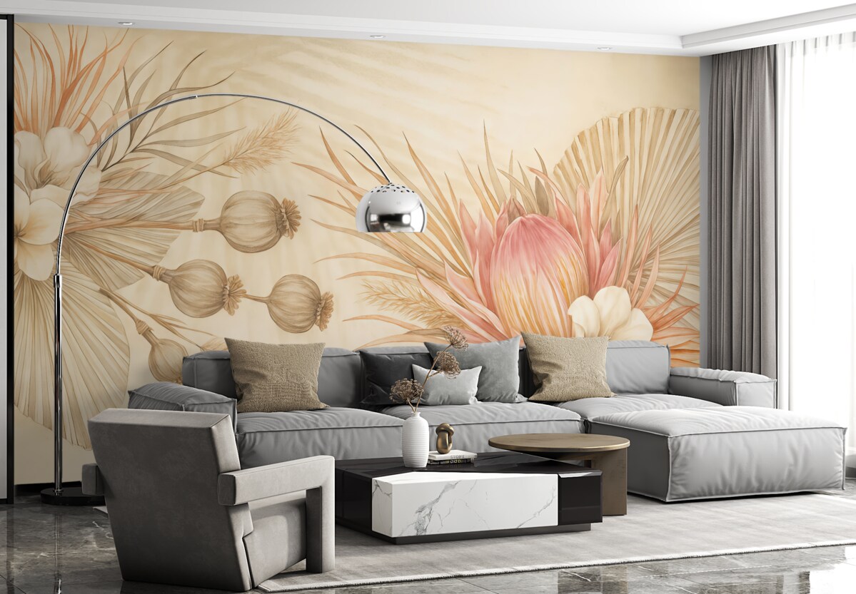 Fototapeta Subtelne różowe i białe tropikalne kwiaty z liśćmi palmowymi na gładkim beżowym tle.