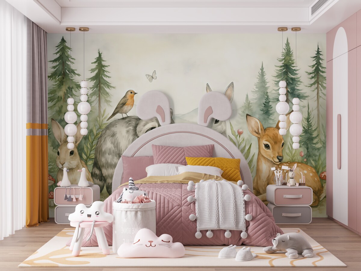 Fototapeta Grupa leśnych zwierząt w otoczeniu borów sosnowych.