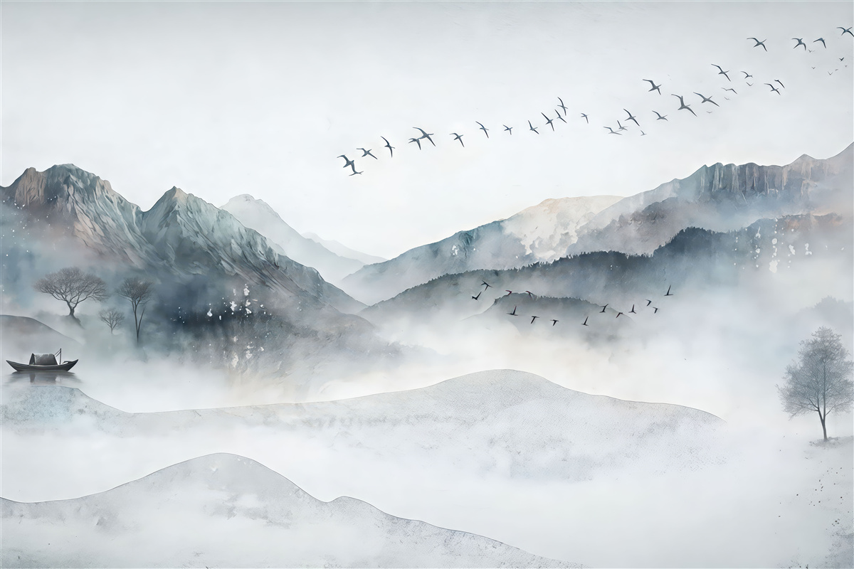 Fototapeta Pejzaż z górami w oddali, z kilkoma drzewami dostrzegalnymi na pierwszym planie, spokojny.