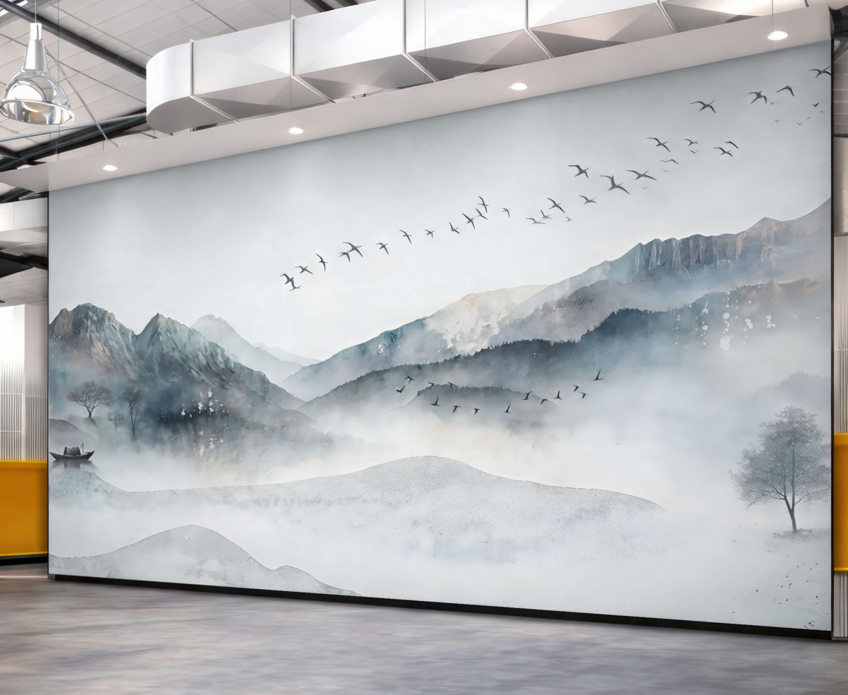 Fototapeta Pejzaż z górami w oddali, z kilkoma drzewami dostrzegalnymi na pierwszym planie, spokojny.