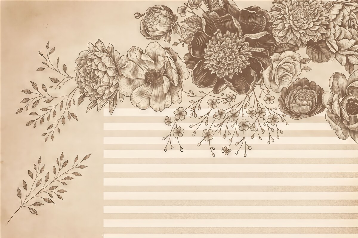 Fototapeta Obszerny bukiet szczegółowych kwiatów w kolorach brązu i bieli, z paskowymi wzorami w tle.