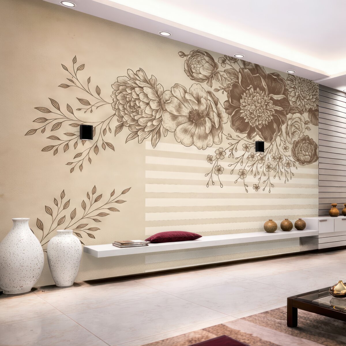 Fototapeta Obszerny bukiet szczegółowych kwiatów w kolorach brązu i bieli, z paskowymi wzorami w tle.