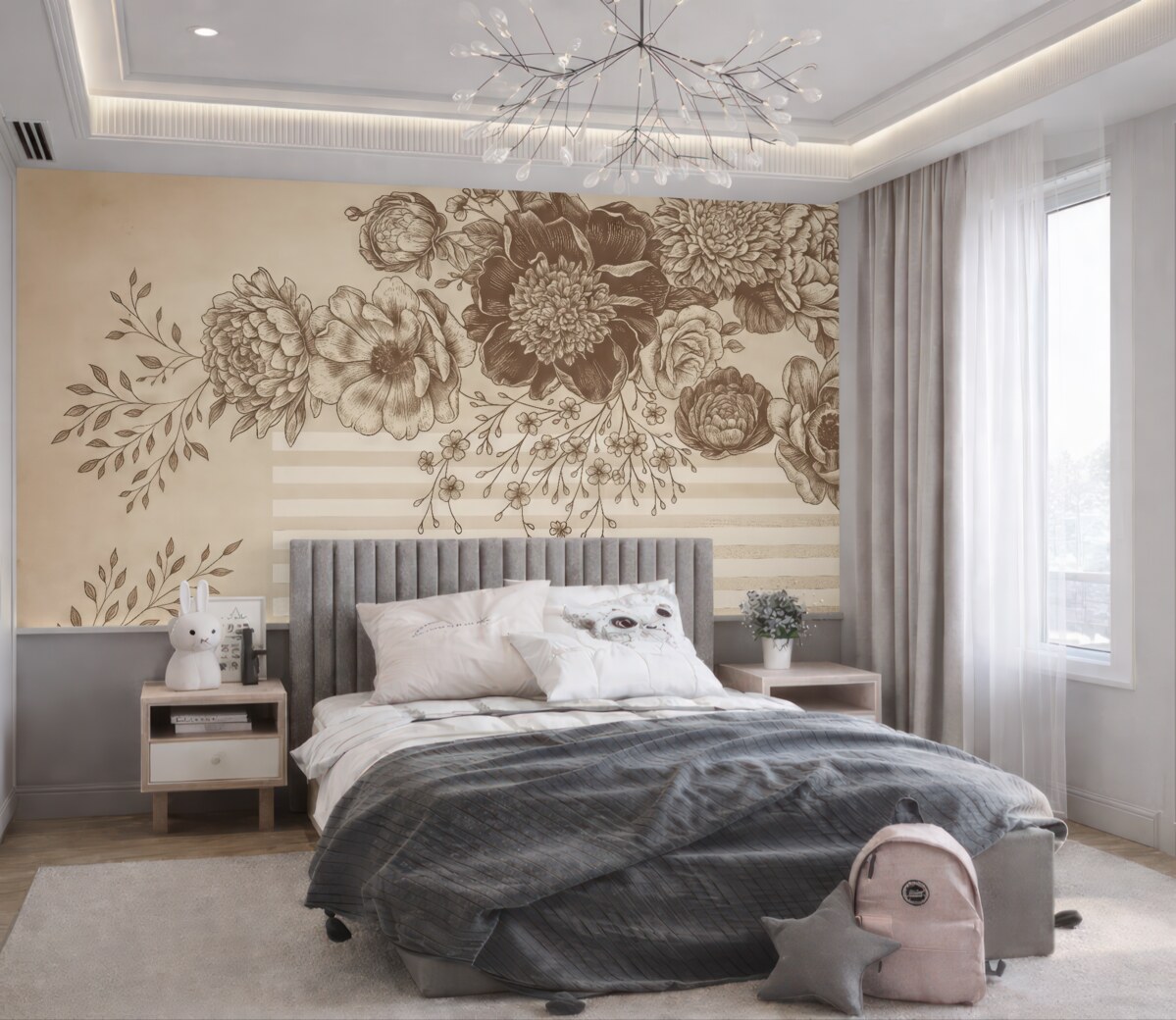 Fototapeta Obszerny bukiet szczegółowych kwiatów w kolorach brązu i bieli, z paskowymi wzorami w tle.