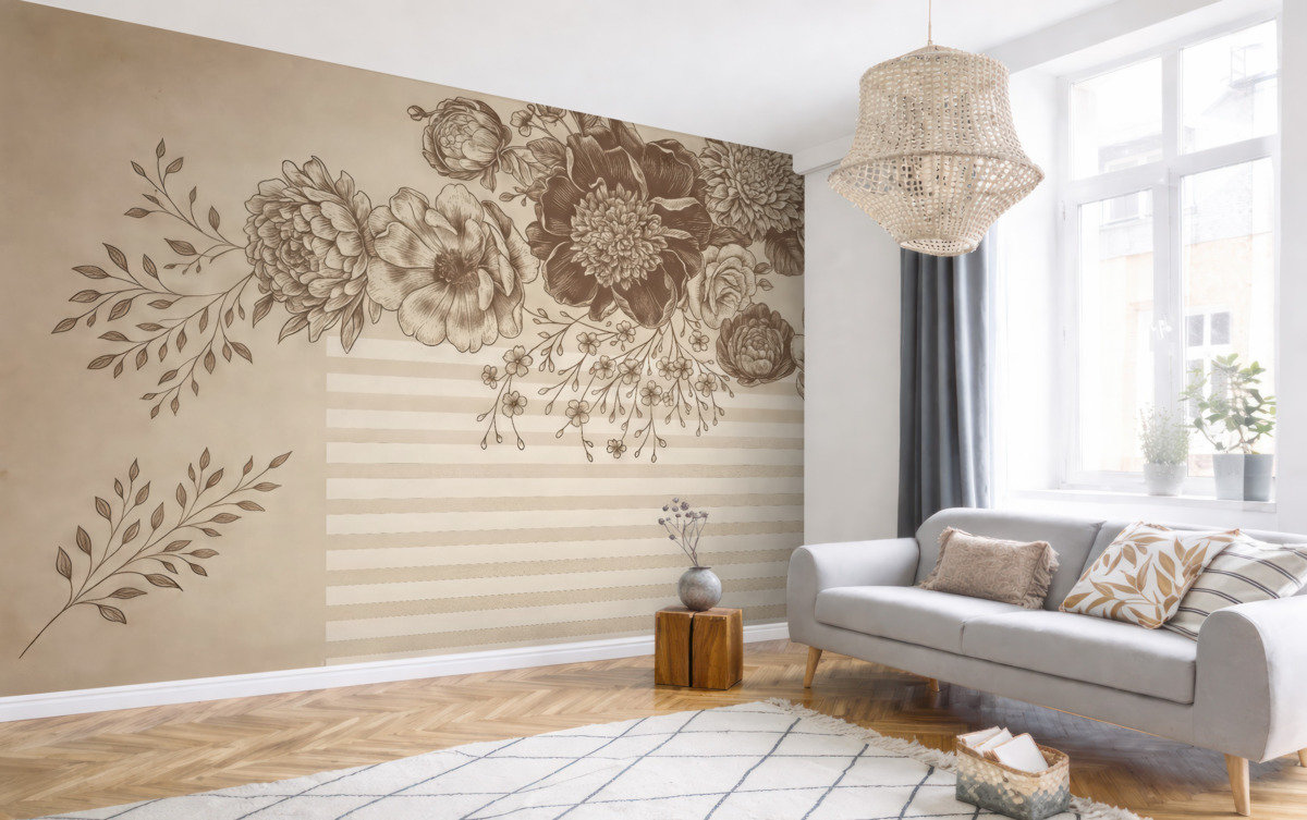 Fototapeta Obszerny bukiet szczegółowych kwiatów w kolorach brązu i bieli, z paskowymi wzorami w tle.