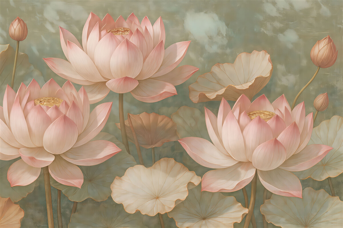 Fototapeta Zbliżenie kilku subtelnych różowych kwiatów lotosu na łagodnym, rozmytym tle.