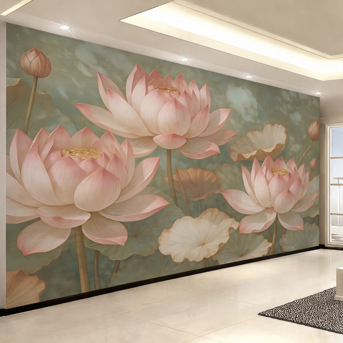 Fototapeta Zbliżenie kilku subtelnych różowych kwiatów lotosu na łagodnym, rozmytym tle.